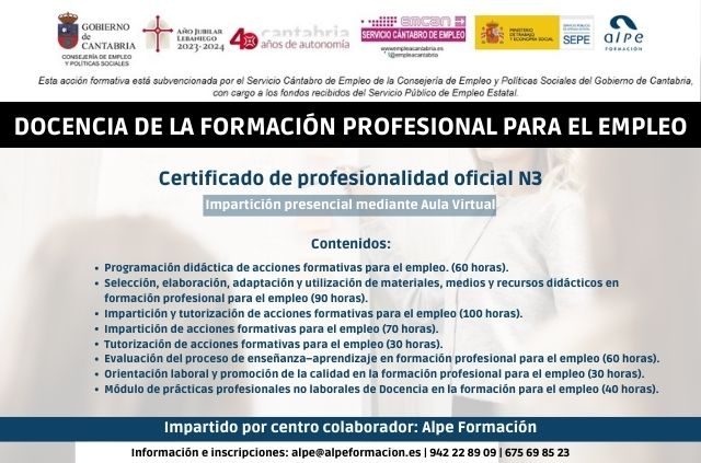 Certificado de profesionalidad oficial Docencia de la formación profesional para el empleo